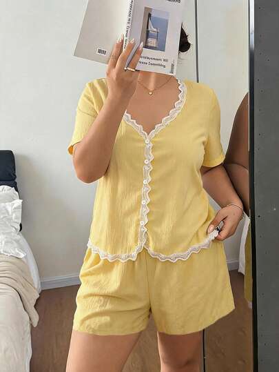 Napfluff CURVE Napfluff CURVE Plus Size Women's Knit Jacquard Lace Trim Casual Loungewear Pajama Set