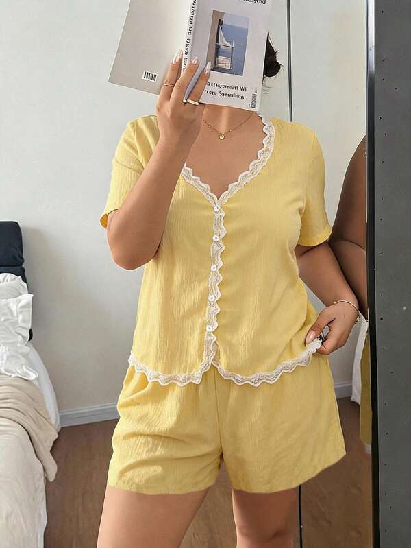 Napfluff CURVE Napfluff CURVE Plus Size Women's Knit Jacquard Lace Trim Casual Loungewear Pajama Set