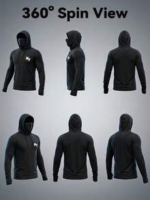 Manfinity Homme Men's Letter Print Built-In Face Mask Drawstring Hooded Long Sleeve Sun Protection Swim Top - Black - View 2