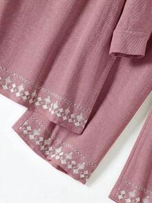 Rusticease Plus Size Minimalist Embroidered Textured Dress And Loose Casual Pants 2 Pieces Set Formal Vacation White Autumn Fall Clothes - Dusty Pink - View 6