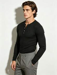 TONEVAULT Men's Ribbed Solid Color Button Half-Placket Long Sleeve T-Shirt - Black - View 2