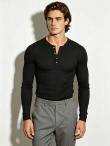 TONEVAULT Men's Ribbed Solid Color Button Half-Placket Long Sleeve T-Shirt - Black - View 4
