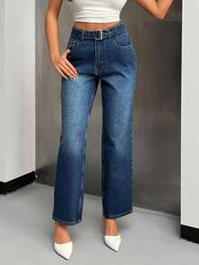 EURMUSE STRAIGHT HIGH WAIST JEANS BELT DETAIL - Medium Wash - View 4