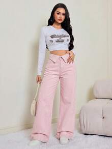 SHEIN Tall 女款折疊腰寬腿寬鬆休閒牛仔褲 - 粉色 - 查看 2