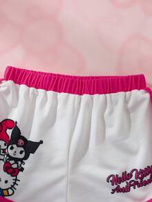HELLO KITTY AND FRIENDS | SHEIN 女童趣味卡通印花圓領短袖T恤搭配條紋對比色短褲 2件套 - 白色 - 查看 6