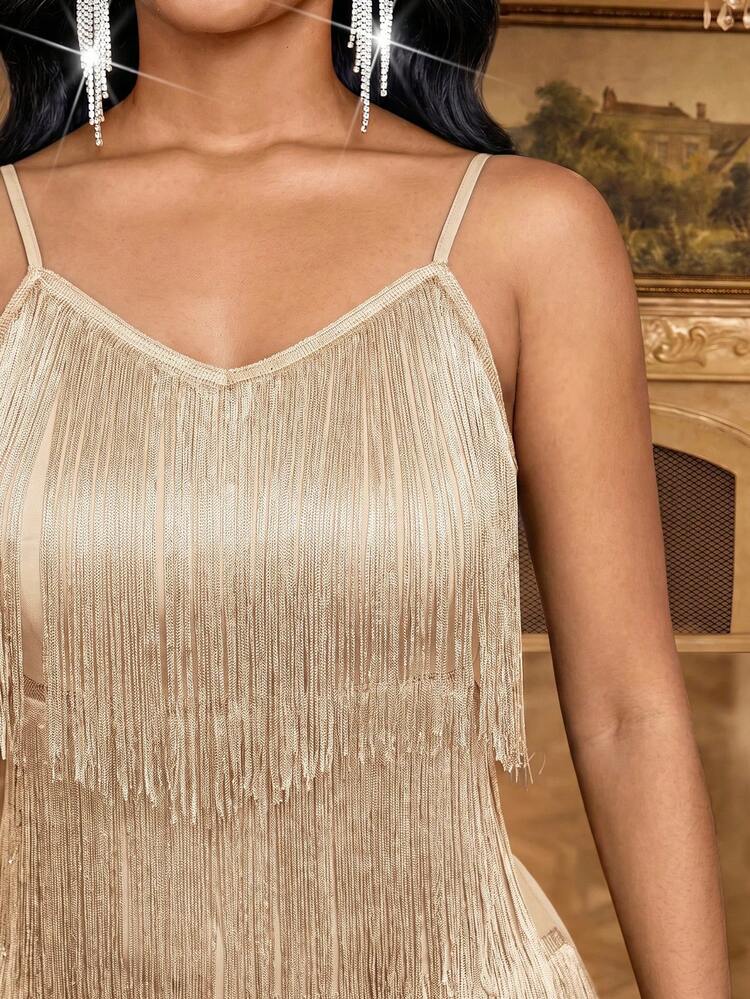SHEIN Lady Plus Size Fashion Party Theme Party Formal Cocktail Multi-Layer Fringe Spaghetti Strap Dress Champagne Summer Elegant Celestial - Apricot - View 7