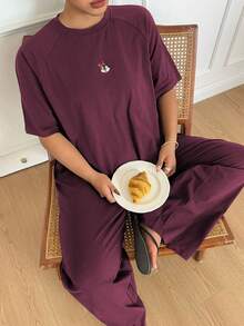 Dazy Plus Minimalist Cute Cartoon Print Raglan Sleeve Loose Fit Loungewear Pajama Set For Women, Spring/Summer, Plus Size - Red Violet - View 6