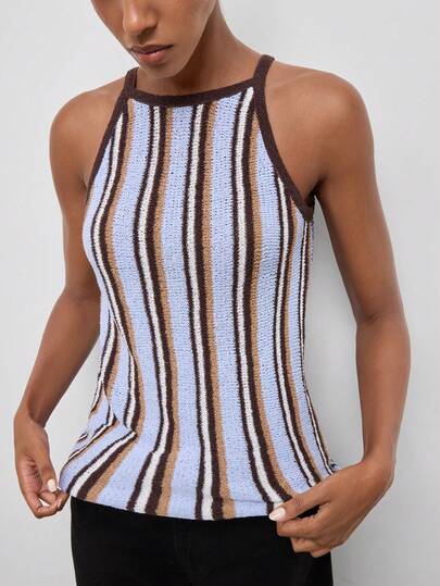 Maija Women's Purple & Brown Striped Knit Tank Top, Summer Urban Casual