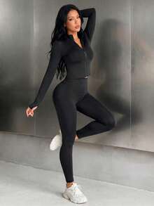 SHEIN Solid Color Slim Fit Jacket And Leggings Sports Set - Black - View 4
