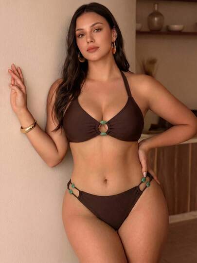 Swim Chiccia Conjunto de Bikini de unicolor con Halter para Mujeres de Talla Grande Verano Playa