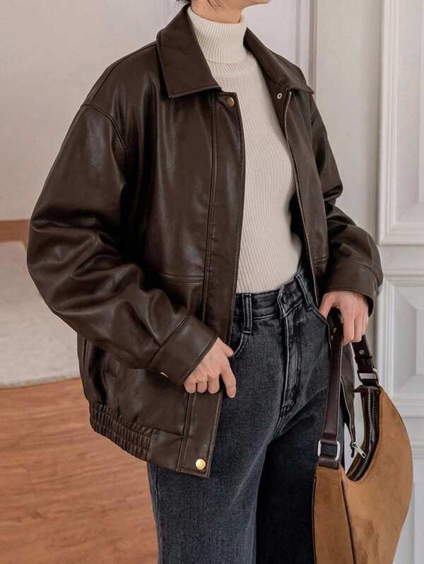 DAZY Damen einfarbige Langarm Reißverschluss vorne PU-Leder lockere Freizeitjacke, Herbst, Herbst Damen Kleidung Schule
