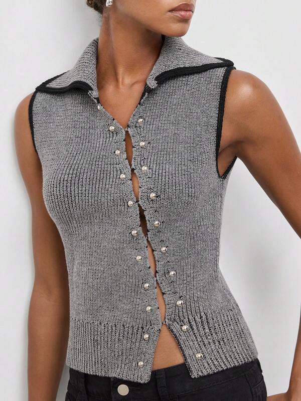 Maija Women's Gray Lapel Sleeveless Cardigan With Black Trim, Metallic Foil Decor, Slim Fit, Urban Style, Autumn Casual Y2k Going Out