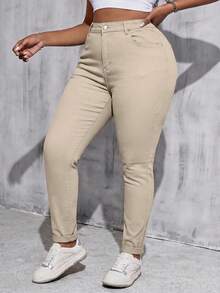 SHEIN Tall CURVE 大尺碼純色極簡百搭鈕扣口袋牛仔褲 - 卡其色 - 查看 3