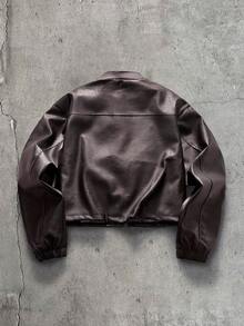 AXEPEAK Men's Fashion Zipper Striped Colorblock Pocket PU Material Jacket - Brown - View 2