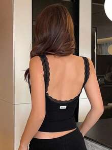 DAZY Women's Lace Patchwork Hollow Back Fitted Solid Color Sleeveless Camisole Tank Top - Black - View 8