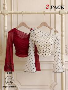 SHEIN MOD 女款 2 件組 素色與波點不對稱單肩 T-shirt - 彩色 - 查看 2