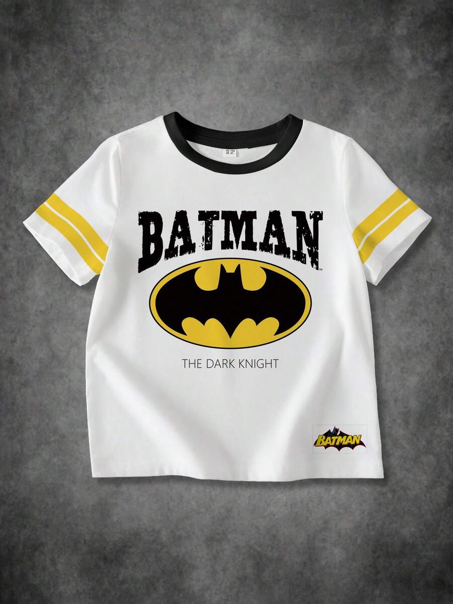 BATMAN X SHEIN 男童夏季休闲街头蝙蝠标志和字母图案条纹短袖T恤 - 白色 - 查看 1