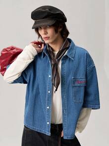 Vaulklash Men's Casual Street Style Striped Embroidered Blue Denim Short Sleeve Shirt - Medium Wash - View 7
