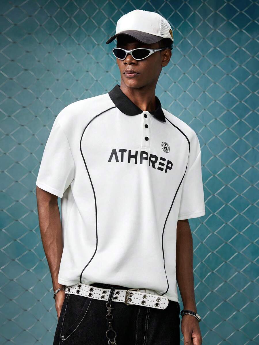 EVRINFINITE Men's Printed Relaxed Fit Short Sleeve Knit Polo Shirt, School, Streetwear Essentials - White - View 1