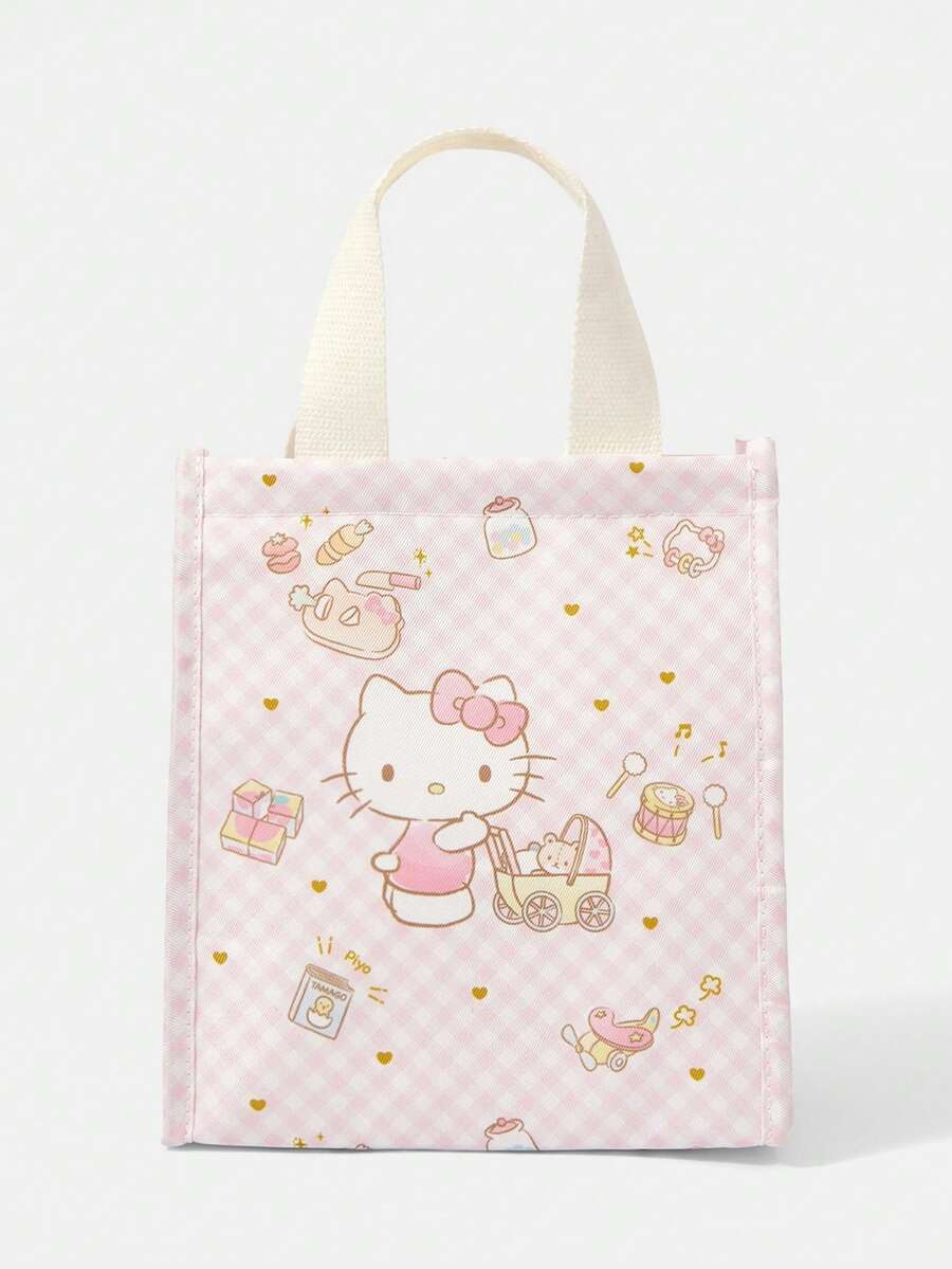 HELLO KITTY AND FRIENDS | SHEIN 粉色格紋印花便當袋,可愛角色印花保溫食物袋 - 卡通-2 - 查看 1