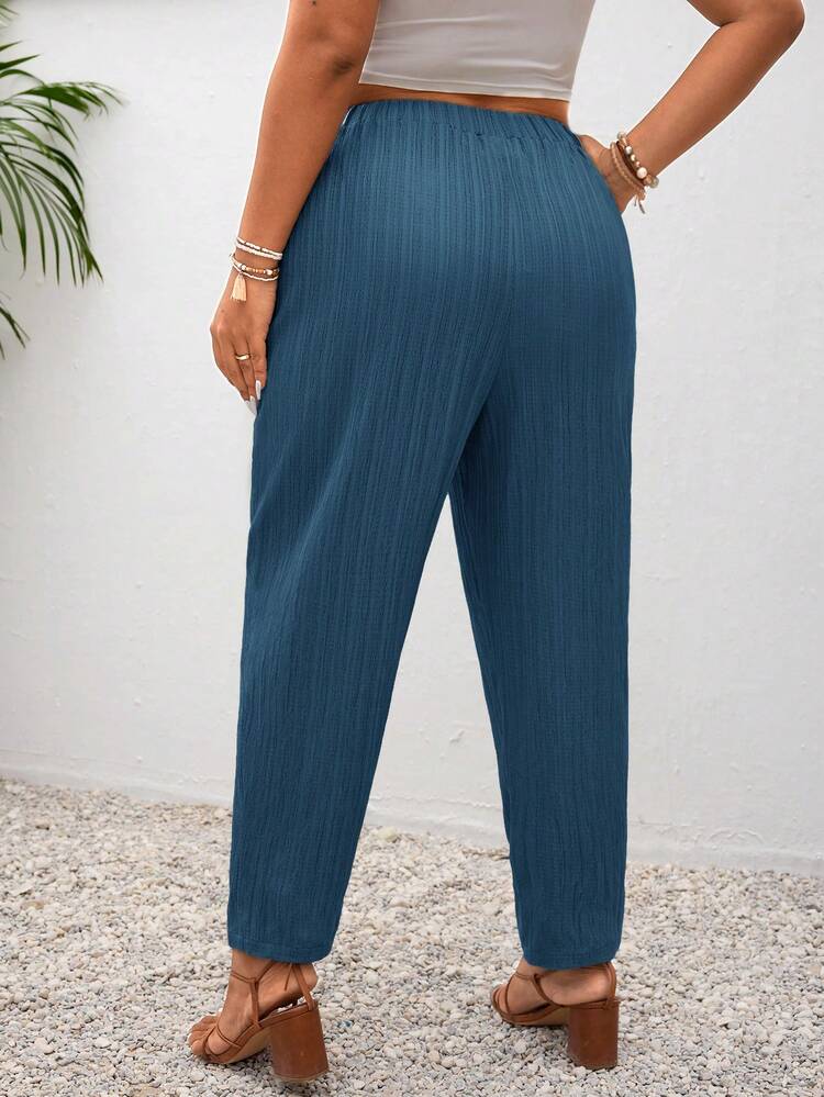 SHEIN Frenchy Plus Size Vacation Solid Color Knotted Casual Pants With Pockets Fall - Blue - View 7