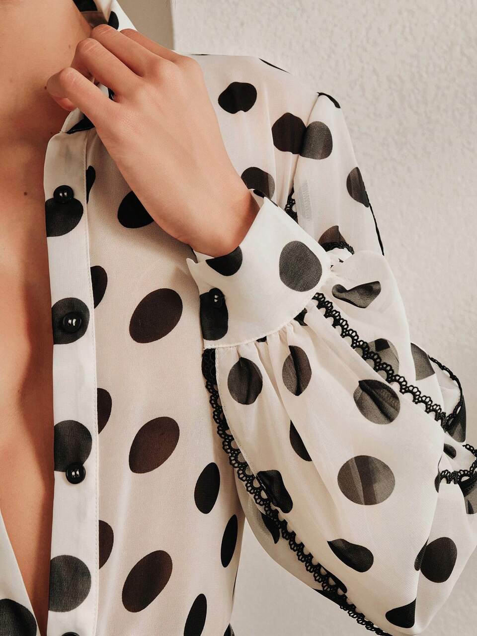 Anewsta French Classic Polka Dot Print Fabric Blouse With Lantern Long Sleeves, Hollow Lace Trim Patchwork, Fitted Elegant Women's Shirt