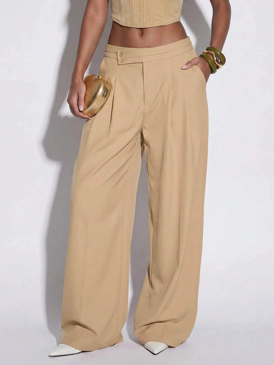 Normani Women's Fashion Versatile Commute Solid Color Wide Leg Long Pants - Apricot - View 1