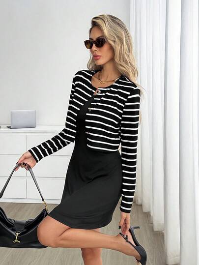 Easowa Women's Striped Long Sleeve Single-Breasted Top And Sleeveless Dress Casual 2 Pieces Set