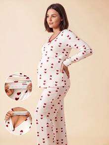 SHEIN 爱心印花哺乳友好型圆领长袖上衣和裤子孕妇睡衣套装 - 彩色 - 查看 1