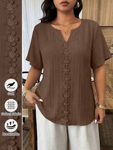 Weeklong Blusa holgada de manga corta con volantes y parches florales para mujer talla grande, primavera/verano - Marrón - Ver 1