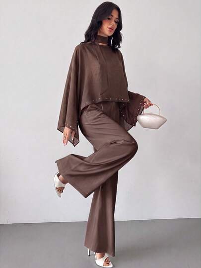 Firerie Vintage Brown Foil Print Asymmetrical Hem Halter Neck Tie Loose Thin Cape Top