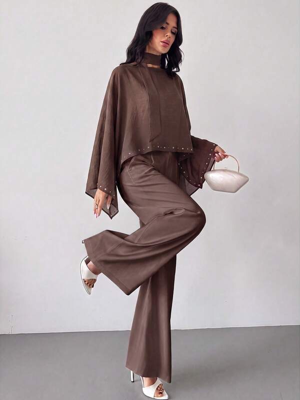 Firerie Vintage Brown Foil Print Asymmetrical Hem Halter Neck Tie Loose Thin Cape Top