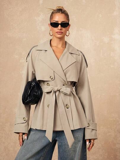 Lumalex Classic Double-Breasted Long Trench Coat With Belt And Button Details, Suitable For Autumn/Winter Outerwear, Daily Streetwear