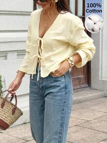 Serisse Women's Versatile Solid Color Textured Fall Business Casual 100% Cotton Tie Front Elegant Open Front Cardigan Work Blouse,Basic Long Sleeve Shirt - Light Yellow - View 7