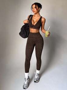 SHEIN Dewbera Women's Seamless Leopard Print Cropped Tank Top And Leggings Sports Set - Brown - View 5