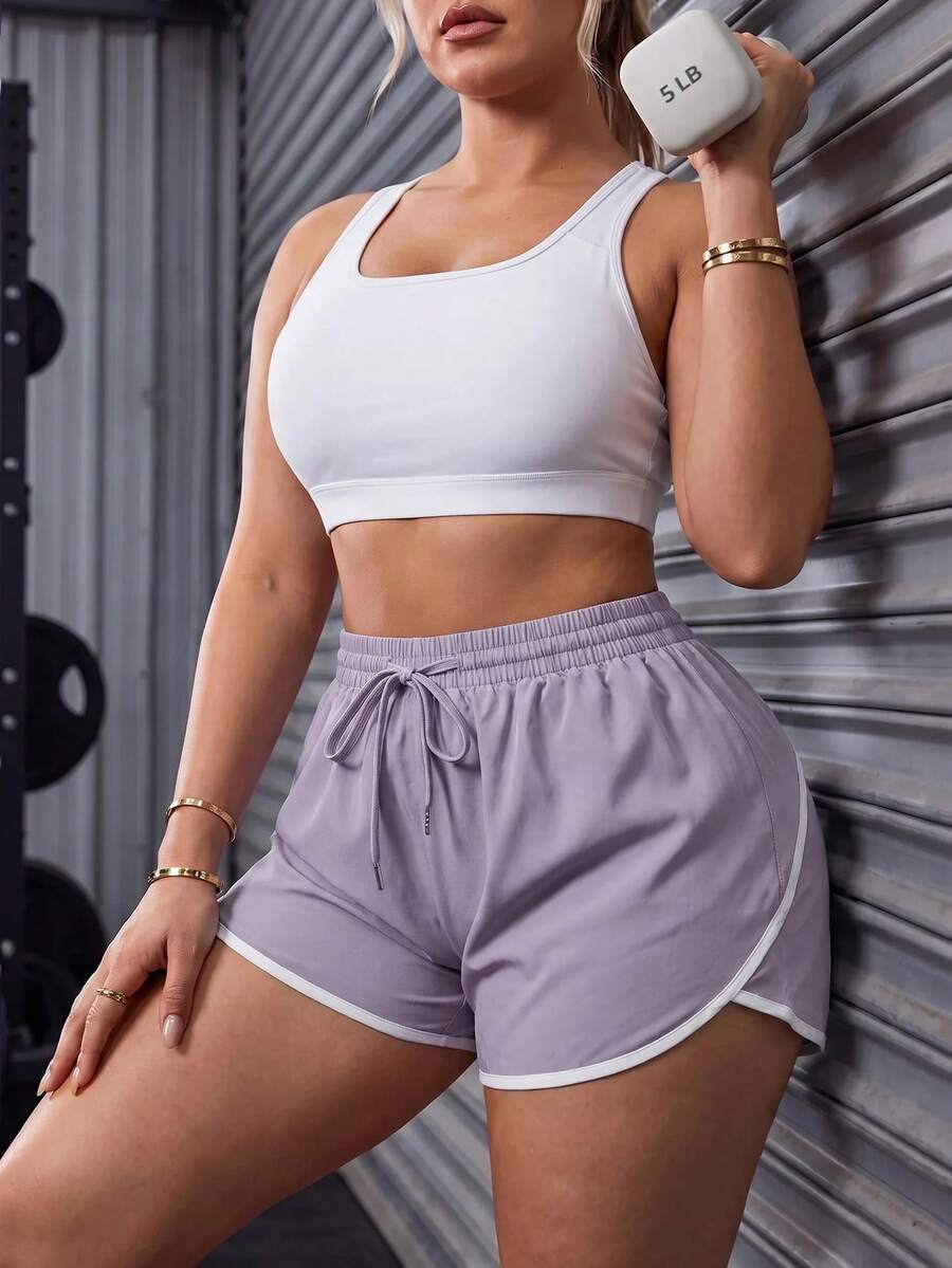 Solea Cove Plus Size Contrast Color Trim Sports Shorts - Mauve Purple - View 1