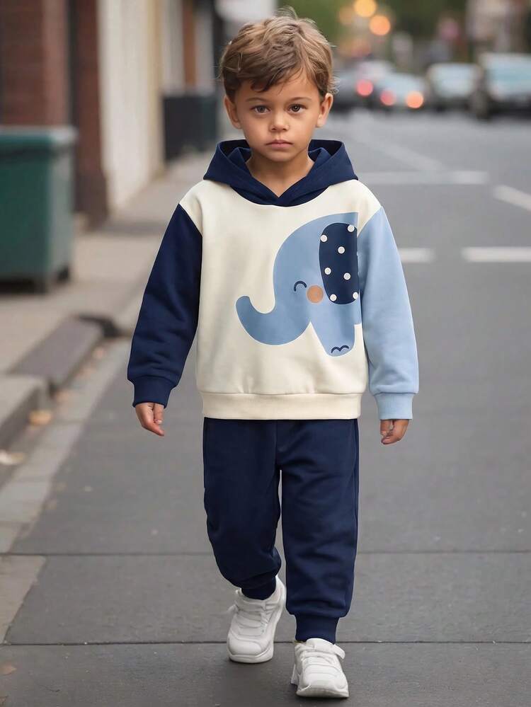 Young Boys Casual Minimalist Kids Loose Fit Sports Hoodie & Pants 2 Pieces Set, Long Sleeve Suitable For Autumn/Winter Cute Comfortable Vacation - Multicolor - View 3