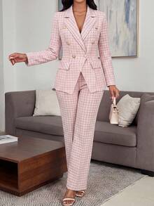 Fleurora Women's Plaid Lapel Neck Long Sleeve Double-Breasted Jacket And Pants Elegant Casual Suit Set Office Business Dinner Pink Check Work Outfits For Women - Baby Pink - View 5