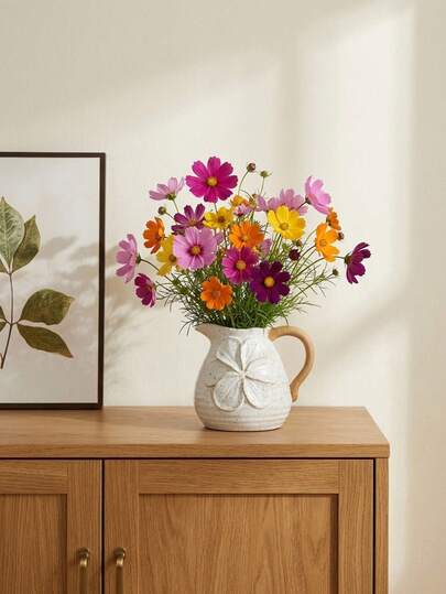 Cirelle White Ceramic Pitcher Vase With Handle, Embossed Flower Ceramic Vase, Rustic Farmhouse Flower Pitcher Jug For Dried & Fresh Flowers, Table Centerpiece Bookshelf Mantel Decor