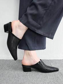 CUCCOO BIZCHIC 尖頭壓紋穆勒鞋，復古西部風粗跟穆勒鞋 - 黑色 - 查看 4