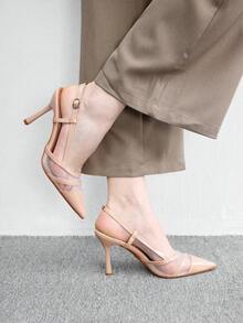 CUCCOO BIZCHIC 女款緞面網格拼接露跟高跟鞋，尖頭雙帶細跟鞋 - 杏色鏡面 - 查看 4