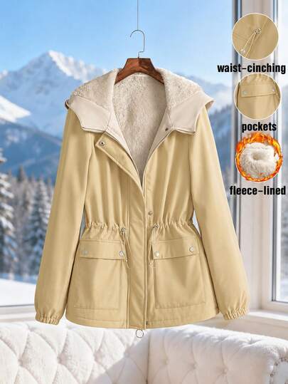 GlowEve Women's Thermal-Lined Elastic Waist Design With Pockets Hooded Casual Daily Commute Fashion French Elegant Street Retro Versatile Holiday Business Apricot Autumn/Winter Long Sleeve Jacket Parka Regular Coat