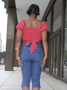 Steph T French Style New Summer Vintage Sweet & Cute Red Polka Dot Print Puff Sleeves Bowknot Blouse For Ladies - Red - View 2