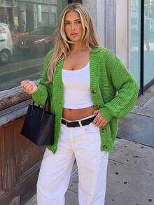 Women's Solid Color V-Neck Single-Breasted Casual Versatile Daily Long Sleeve Cardigan - Green - View 6