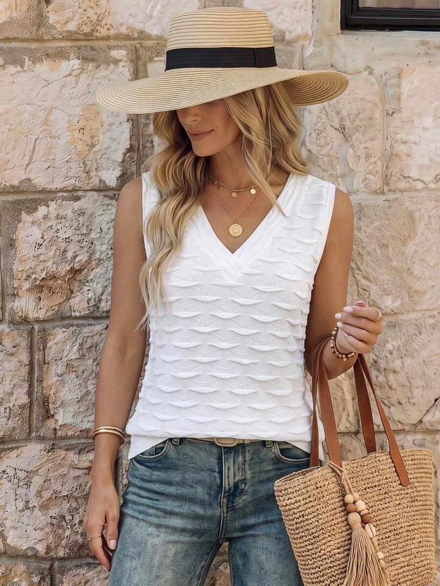 EMERY ROSE Spring Summer New White Textured V-Neck Vest For Women, Wave Jacquard Design Tank Top, Breathable Mesh Layering Essential Brunch Casual - White - View 1