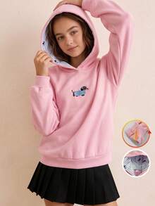 SHEIN 1件女童軟綿可愛甜美風粉色連帽衛衣，柔軟面料，寬鬆版型，舒適穿著，正面印花臘腸犬幼犬圖案，連帽內裡藍白條紋滿版印花配同款幼犬圖案，羅紋袖口與下擺，簡約百搭日常穿著，校園穿搭，中厚度，秋冬款 - 粉色 - 查看 7