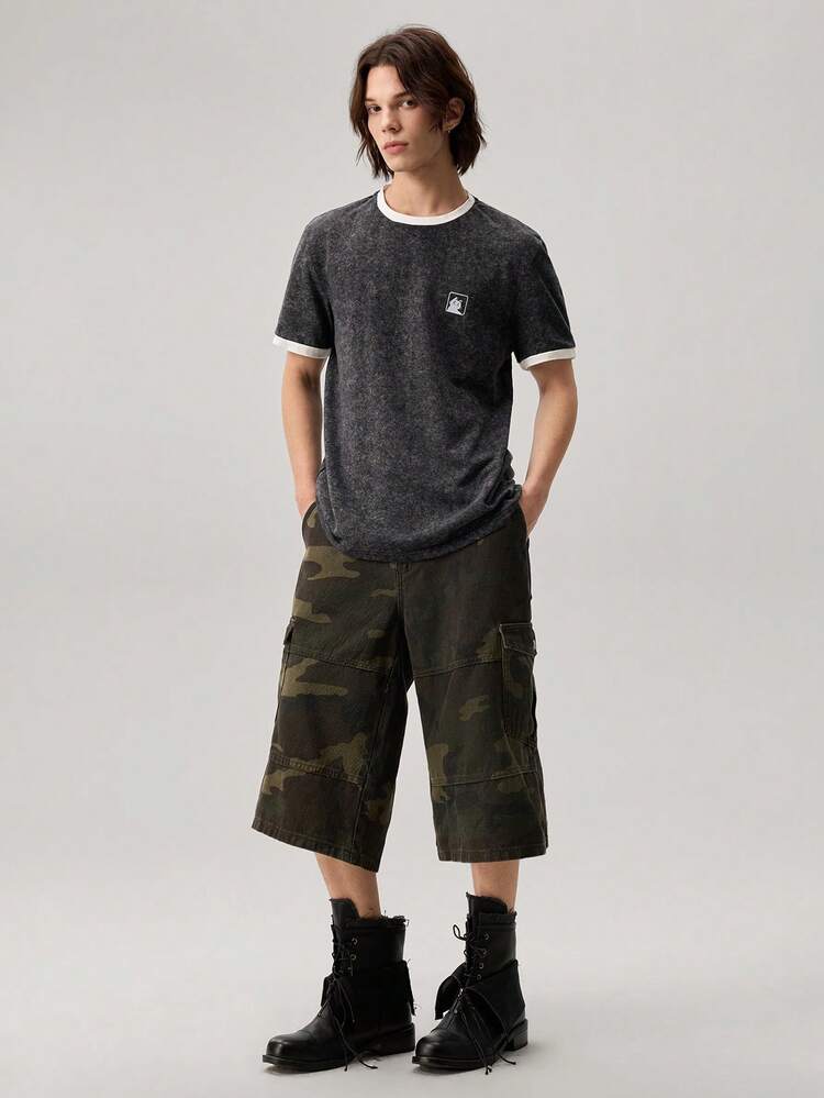 Vaulklash 标准尺码男士水洗黑色T恤，白色袖口设计 - 黑色 - 查看 7