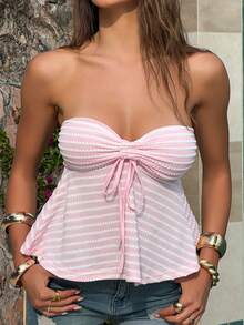 Sindi Myftari Summer Pink Striped Knitted Drawstring Tube Top - Pink - View 3