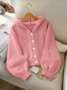 SHEIN Elladie kids 女童時尚休閒清新短版純色秋冬連帽針織開襟毛衣 - 粉色 - 查看 1