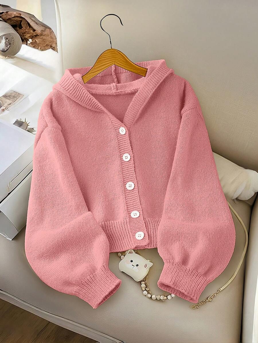 SHEIN Elladie kids 女童時尚休閒清新短版純色秋冬連帽針織開襟毛衣 - 粉色 - 查看 1